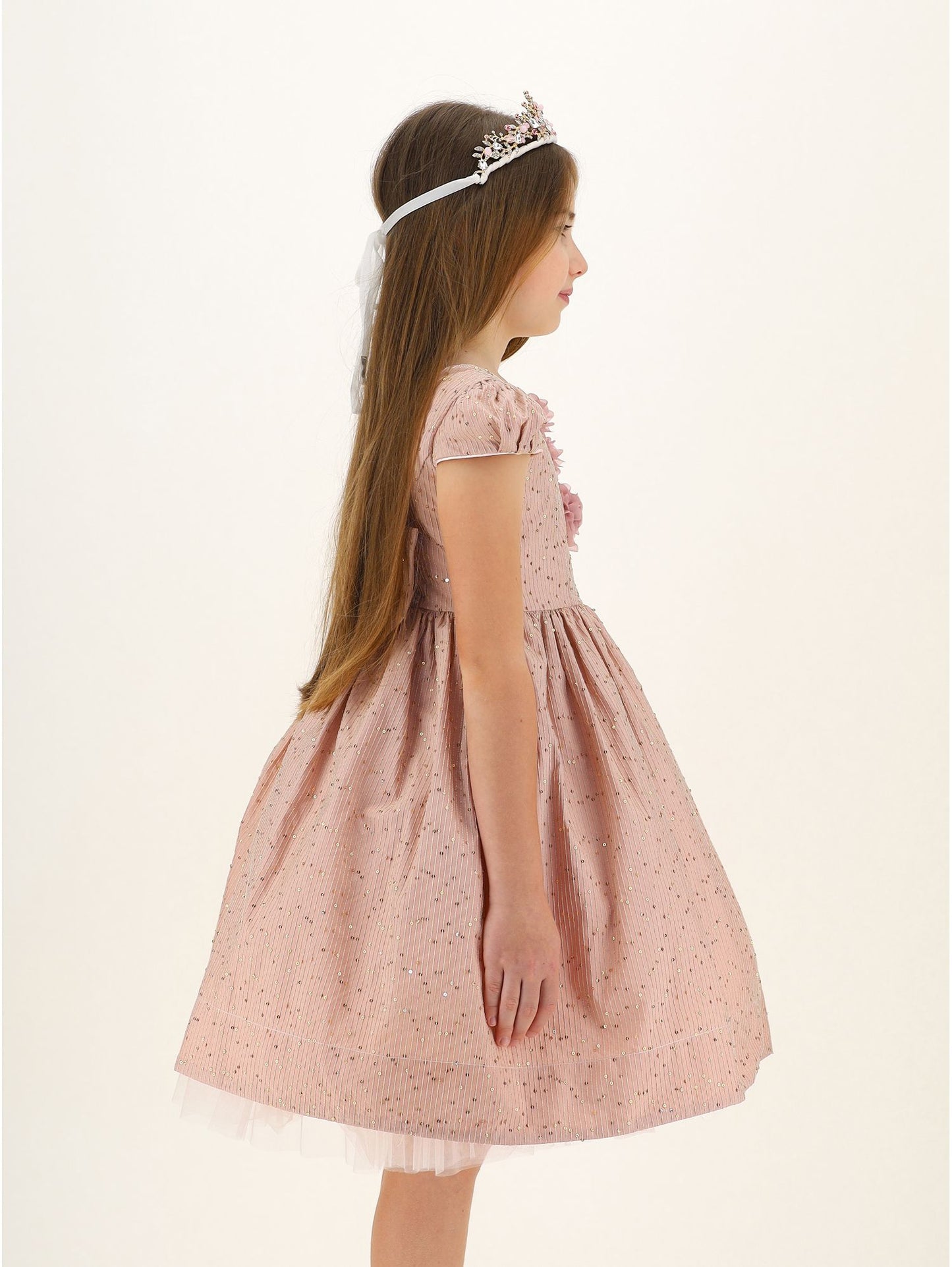 Taffeta dress with applied flowers
